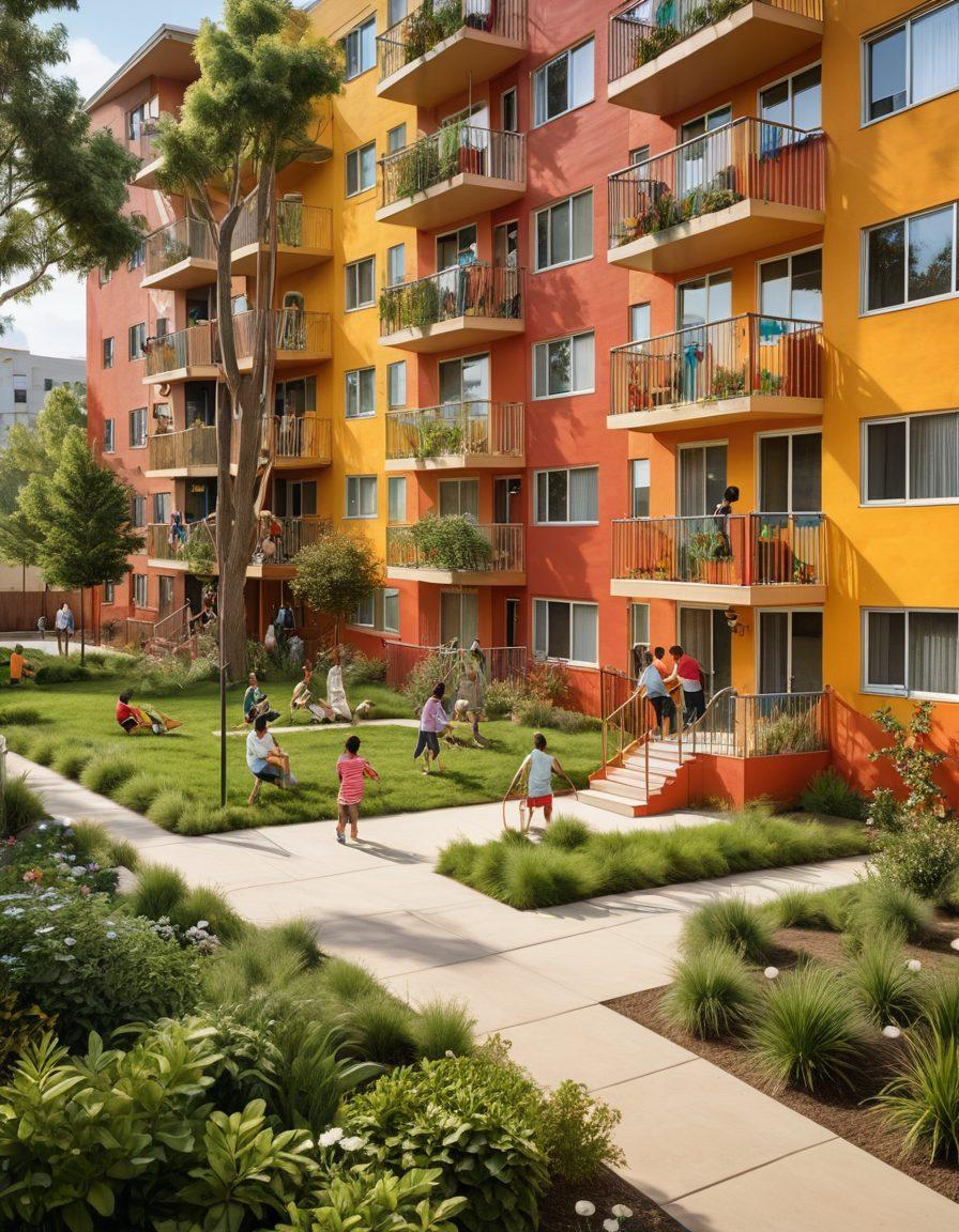 A warm and inviting neighborhood scene showcasing a diverse community in a public housing complex, families enjoying quality time together in vibrant parks, children playing on swings, colorful murals on apartment walls, illustrating the spirit of love and togetherness. Include elements of greenery and communal activities, emphasizing connection and devotion to family. super-realistic. vibrant colors. 3D.