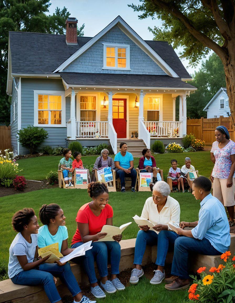A warm, inviting scene depicting a diverse group of low-income families exploring various housing options together. Incorporate elements like informational pamphlets, a cozy home in the background, and hopeful expressions on their faces. Add a soft, guiding light symbolizing financial assistance and support. Include trees and flowers to reflect growth and opportunity. super-realistic. vibrant colors. warm atmosphere.