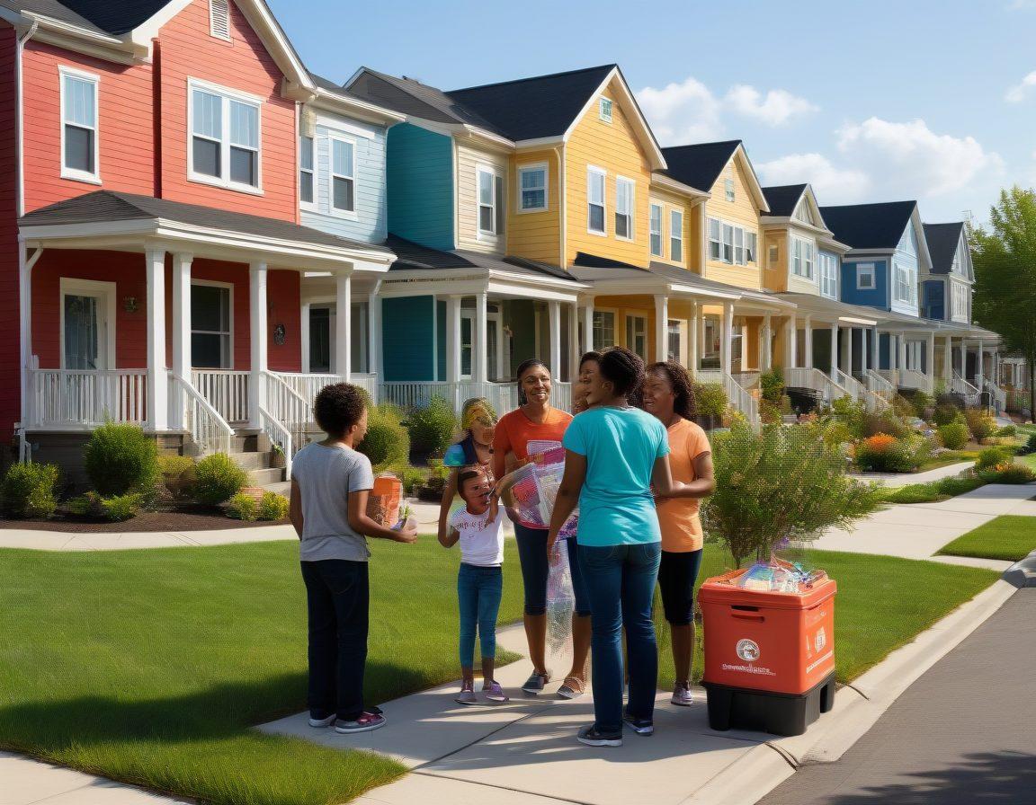 A warm and inviting neighborhood scene depicting diverse families engaging in community activities, with colorful Section 8 homes in the background. Include elements of support, like food donation boxes and friendly neighbors chatting, to emphasize community bonds. The sky is bright and sunny, symbolizing hope and belonging. Capture a sense of happiness and unity among the residents. vibrant colors. super-realistic.